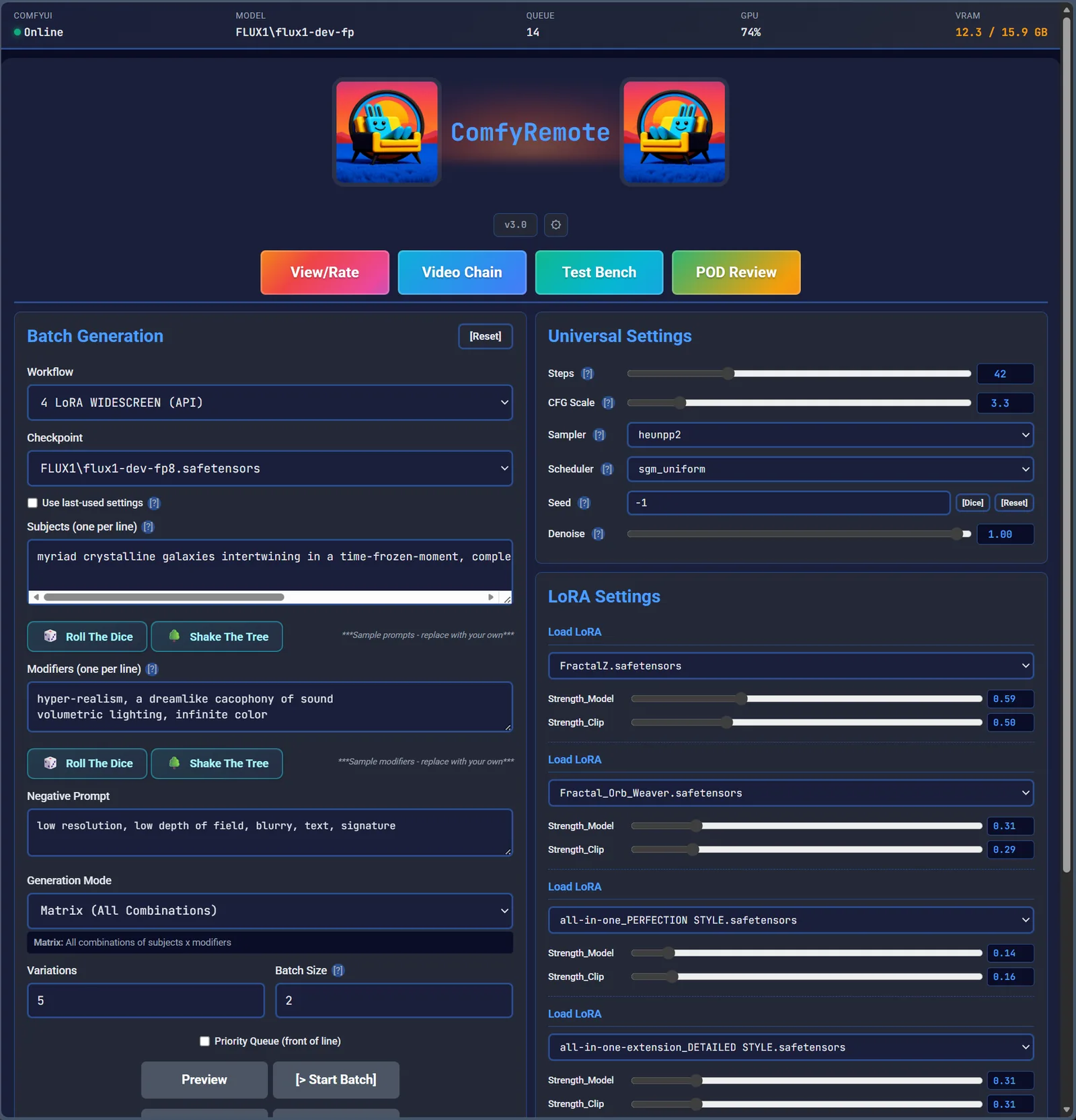 ComfyRemote batch generation interface with prompt matrix, LoRA settings, and workflow controls