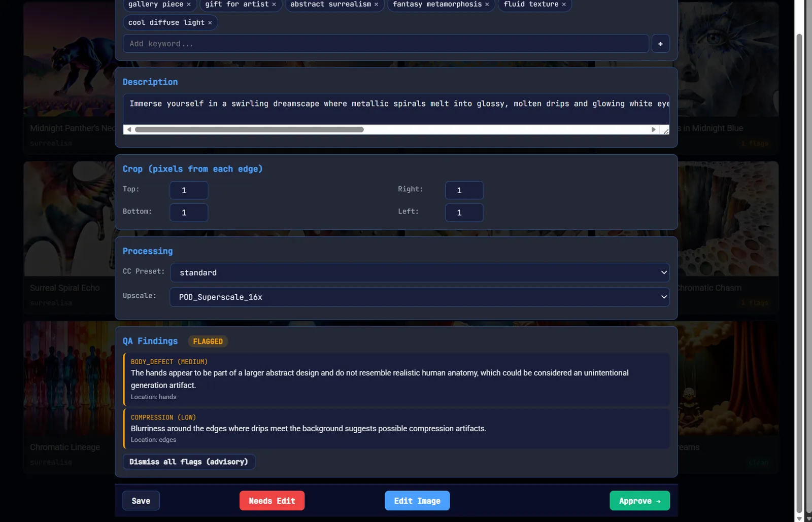 ComfyRemote QA findings showing crop recommendations and processing settings
