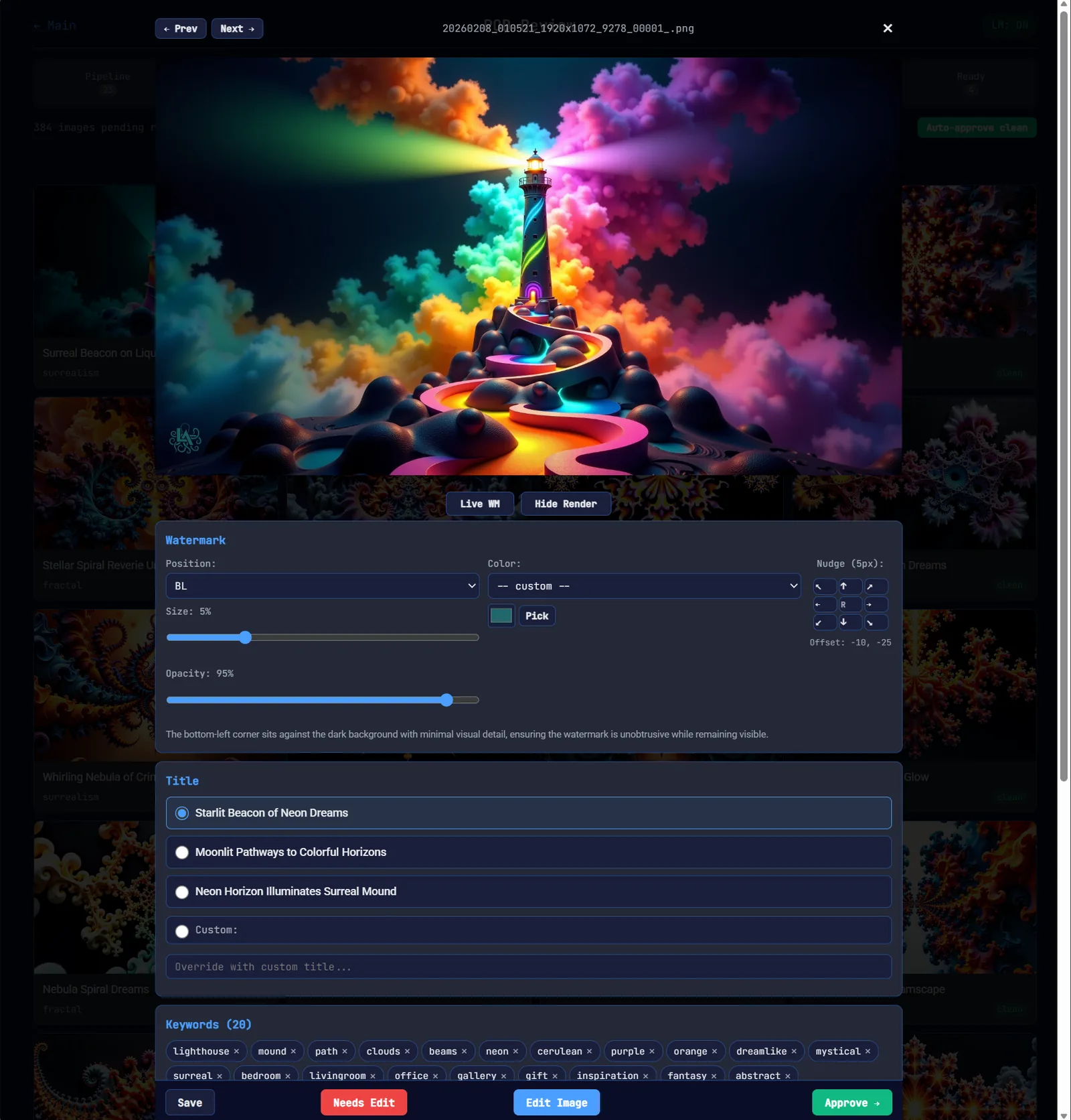ComfyRemote review detail view showing AI-generated titles, watermark controls, and keyword tags